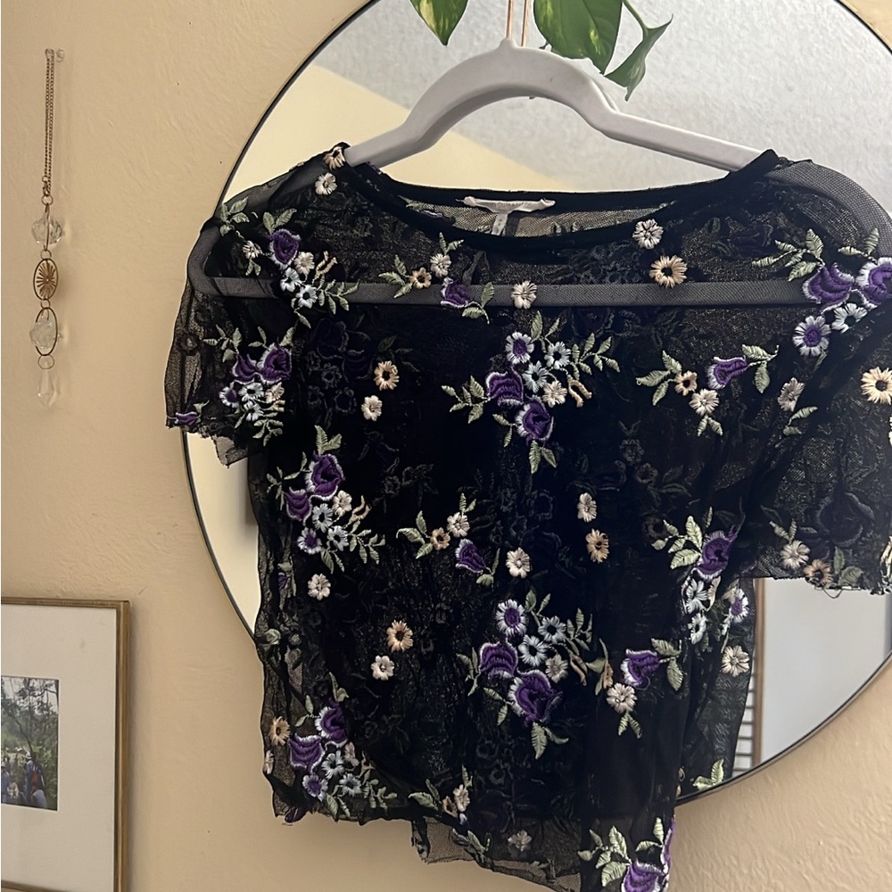 Urban Outfitters Blue and Black Embellished Flutter Sleeve Blouse